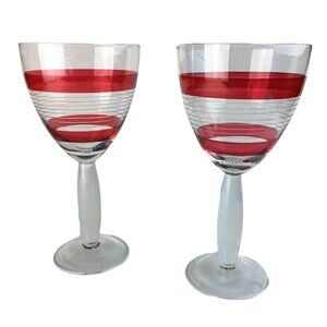Clear Stemmed Glass Goblets Red Stripes 16 oz Oversized Lot 2 Large Barware u